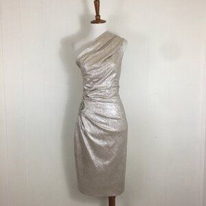 Eliza J Dress One Shoulder Textured Metallic Cocktail w/Jewel Embellishment Sz 6